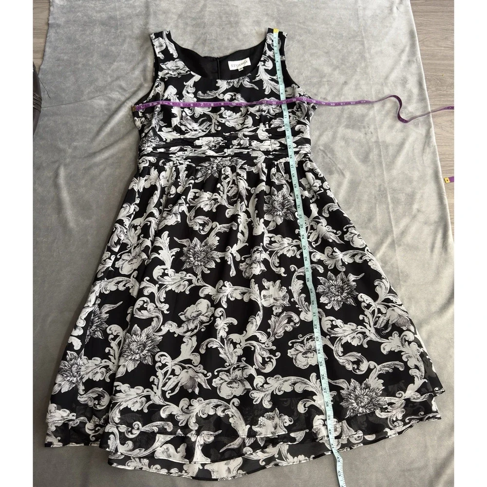 Studio I Women’s Black White Floral Scroll A-Line Dress Size 14 Vintage Inspired
